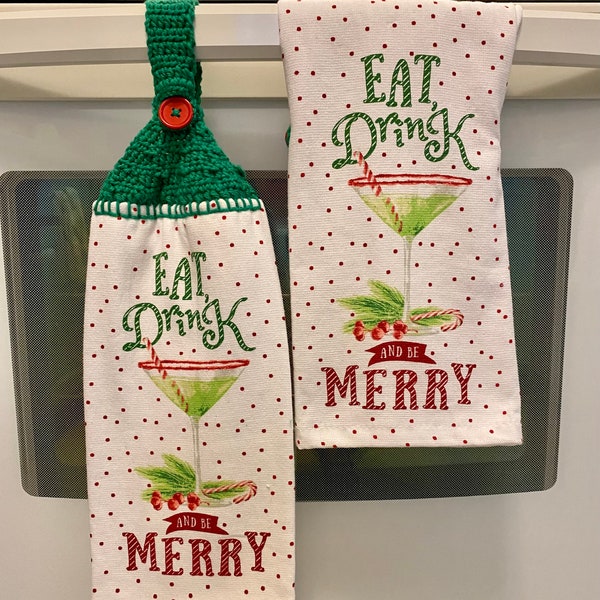 Christmas hanging kitchen towel, crochet oven handle dishtowel with eat drink and be merry candy cane stripe font peppermint festive martini