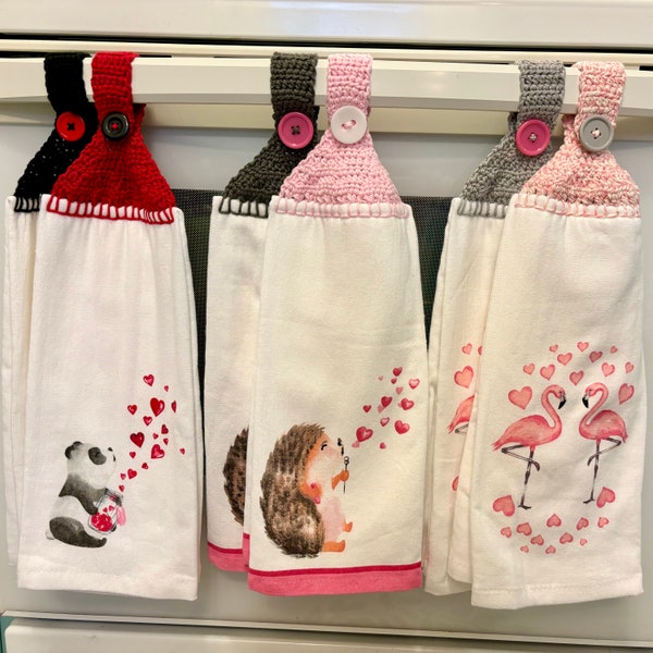 Valentine crochet top kitchen towel, terry cloth oven handle dishtowel with flamingo, panda, hedgehog blowing hearts in pink red fuchsia