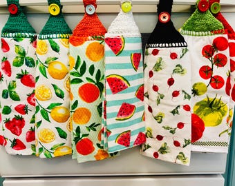 Paño de cocina con mango de horno de jardín, paño de cocina colgante con botón superior de ganchillo, granja de frutas y verduras: tomate, sandía, rábano, limón, hogar