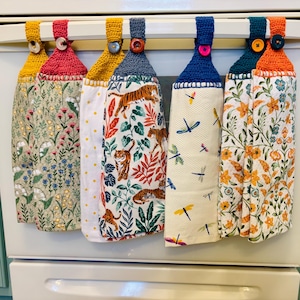Crochet top dishtowel, appliance handle hanging cotton kitchen towel, heavy duty absorbent full sized hand towel, plants flowers tigers