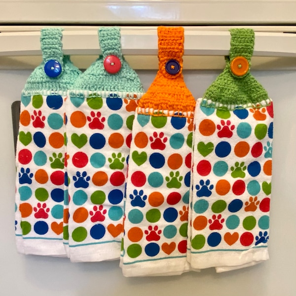 Pet hanging kitchen towel with button on strap, cotton crochet top oven handle dishtowel for dog cat lover in bright paw print polka dots