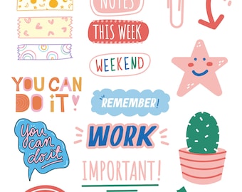 May include: A set of colorful digital stickers featuring motivational quotes, cute illustrations, and washi tape designs. The stickers include phrases like "You Can Do It!" and "Remember!" as well as images of a rainbow, a cactus, a star, and a paperclip.