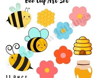 Cute Bee Floral Honey Digital Clip Art Set - PNG Files