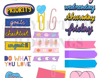 Op de afbeelding: Een set kleurrijke digitale planner stickers met motiverende citaten en zinnen, waaronder "To Do List", "Priority", "Goals", "Checklist", "Urgent", "Do What You Love", "You Can Do It", "Self Care" en de dagen van de week. De stickers zijn in cartoon stijl en hebben verschillende kleuren, patronen en ontwerpen.
