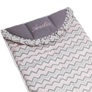 Personalized kid&#39;s sleeping bag. 100% cotton sleeping bag. Made in the USA. Pink/gray chevron.