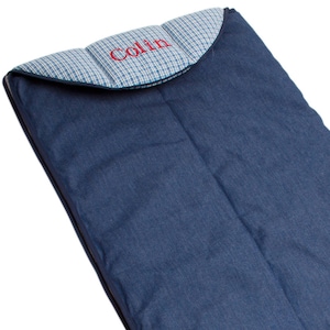 Personalized kid&#39;s sleeping bag. 100% cotton sleeping bag. Made in the USA. Denim.