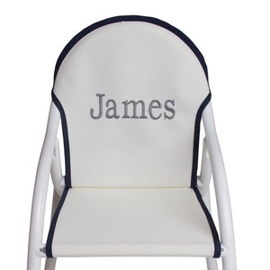 Personalized kid&#39;s rocking chair. Unique kid&#39;s gift. Children&#39;s furniture. Folds. Made in the USA. Gray canvas/navy binding.