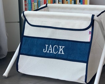 Personalized kid's toy box. Safe. Large capacity. And portable -easily take it anywhere. Made in the USA. White mesh/denim panel.