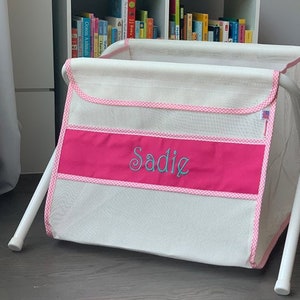 Personalized kid's toy box. Safe. Large capacity. Portable easily goes anywhere. Made in the USA. White mesh/pink panel/pink check binding. image 1