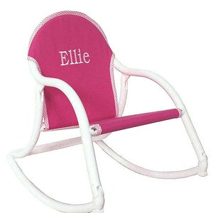Personalized kid&#39;s rocking chair. Unique kid&#39;s gift. Made in the USA. Pink Canvas.