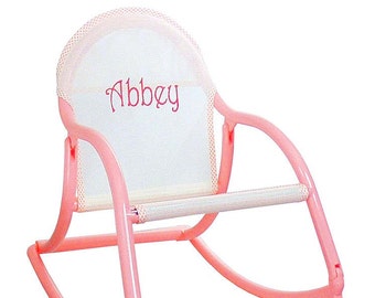 Personalizable child portable rocking chair (folds/lightweight) – Use indoors and out - USA made since 1984 - White  mesh seat/pink frame