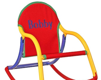 Personalized Kids Rocking Chair – Folding Toddler Chair for Outdoor & Indoor – Custom Name Gift – Portable Child Rocker – USA Made – Red Cnv