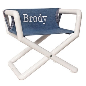 Children’s own personalized director chair even toddler&#39;s can carry everywhere. Outdoor children&#39;s furniture. Made in the USA. Denim.