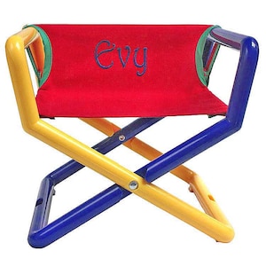 Children’s own personalized director chair even toddler&#39;s can carry everywhere. Outdoor children&#39;s furniture. Made in the USA. Red canvas.
