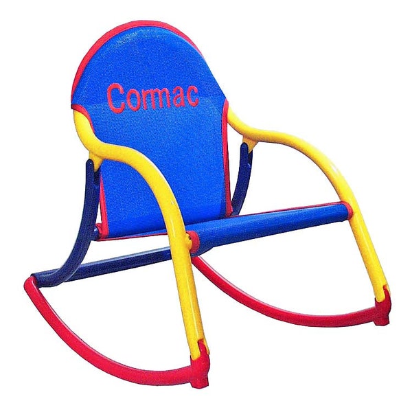 Personalized kid's rocking chair. Unique kid's gift. Children's furniture. Folds. Use indoors and out. Made in the USA. Blue mesh.