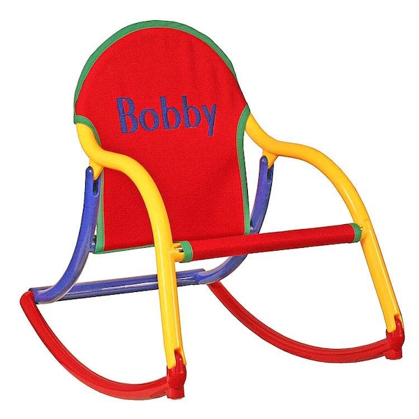 Personalized kid's rocking chair. Unique kid's gift. Children's furniture. Folds. Use indoors and out. Made in the USA. Red canvas.