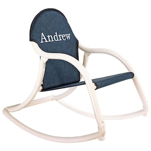 Personalized kid&#39;s rocking chair. Unique kid&#39;s gift. Children&#39;s furniture. Folds. Made in the USA. White/denim.