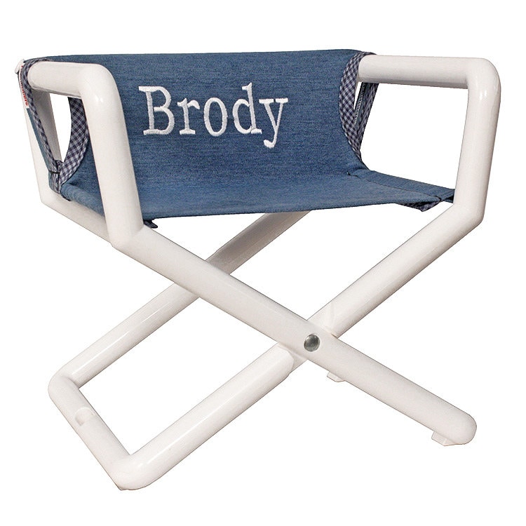 Personalizable toddler director chair - Child portable indoors and out (folds and lightweight) - USA Made - Denim seat/white frame
