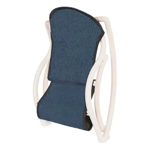Puede incluir: Silla mecedora blanca con asiento y respaldo de tela azul oscuro.