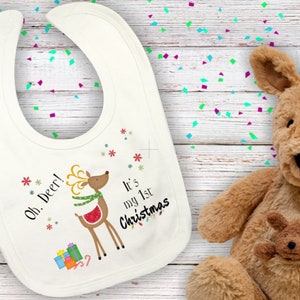 My first Christmas bib with Reindeer, Personalized baby bib for girl or boy