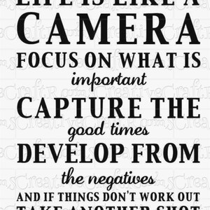 Op de afbeelding: Zwart-wit typografie citaat over het leven dat als een camera is. De quote luidt: "Het leven is als een camera. Focus op wat belangrijk is. Leg de goede tijden vast. Ontwikkel uit de negatieven. En als dingen niet lukken, maak een nieuwe foto."