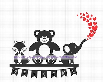 Willkommens-Baby-PNG- und -Svg, -Teddybär, Elefant und Fuchs svg, Kinderzimmer svg sofortd Download, Safari-Tiere SVG