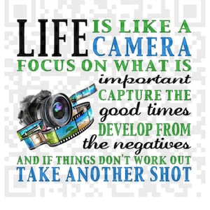 Puede incluir: Una cita motivacional sobre la vida que es como una cámara. La cita dice: "La vida es como una cámara. Concéntrate en lo que es importante. Captura los buenos momentos. Desarrolla a partir de los negativos. Y si las cosas no funcionan, toma otra foto."