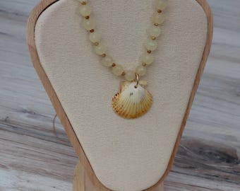 Yellow Scallop Shell Necklace with Calcite Gemstone Beads | Adjustable Coastal Jewelry