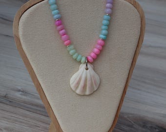 Handmade Pastel Jade Seashell Necklace | Colorful Beach Beaded Coastal Jewelry