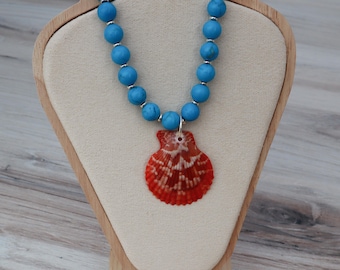 Vibrant Turquoise Magnesite & Red Scallop Shell Statement Necklace | Coastal Beach Jewelry | Handmade Ocean-Inspired Gift
