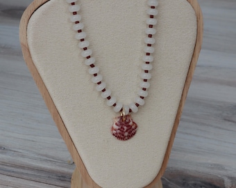 White Jade & Burgundy Calico Scallop Shell Necklace | Handmade Coastal Jewelry | Beach-Inspired Statement Necklace