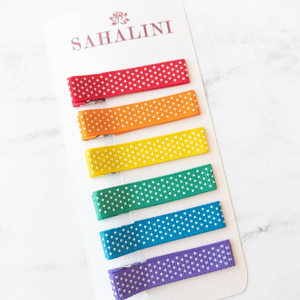 Rainbow Polka Dot Classic Hair Clips | Rainbow Set of 6 No-slip Barrettes | Essential Everyday Hair Clip Set