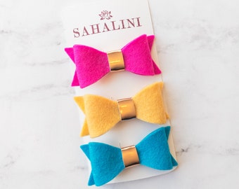 Set of 3 Small Merino Wool Felt Hairclips | Small Spring Hairbow Set | Pink, Yellow & Turquoise Clip Set