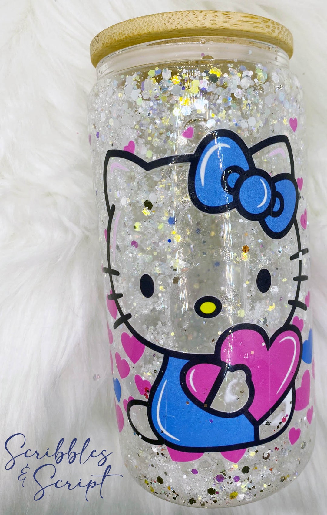 16oz Hello Kitty Doublewalled Snowglobe Glass Tumbler With Bamboo Lid