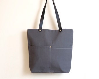 Grey canvas Averena tote book bag, leather handles, weekend weekender shoulder tote, de almeida designs