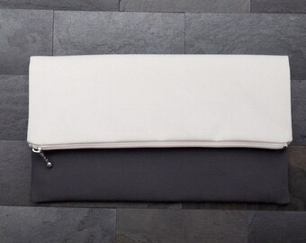 Grey and white canvas foldover clutch, zipper clutch, zippered clutch, oversized clutch, clutch purse, clutch bag, summer clutch