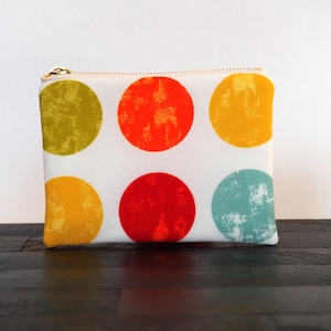 multicolored large polka dot print pouch, mini bag, makeup bag, coin purse, zippered pouch, summer clutch, pouch, de almeida designs