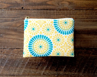 blue yellowprint mini pouch, gold zipper, zipper, zippered pouch, coin purse, de almeida designs