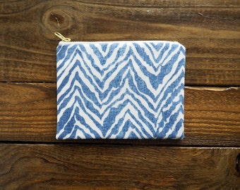 blue zebra zipper pouch, brass zipper, zippered pouch, coin purse, de almeida designs