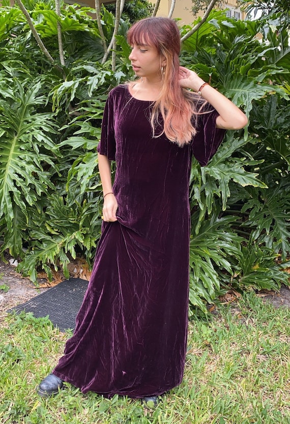 vintage purple crushed velvet, bell sleeve dress