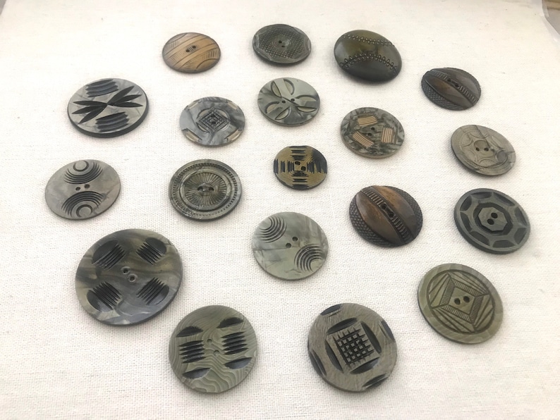 Sewing 19 Fancy Green Buttons 2 hole Funky Accent Carved Assorted Round Pine Green Large Vintage Celluloid type Destash Olive Green