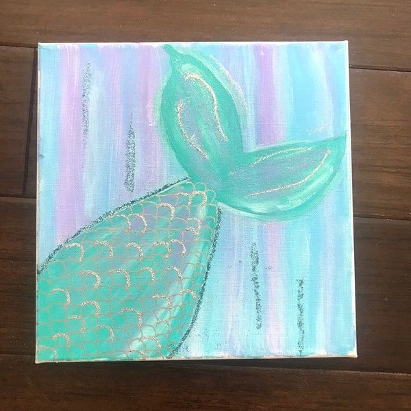 Teal Green Mermaid Tail Painting 10x10" Canvas Mermaid Art Glitter, Acrylic Coastal Decor Beach Bathroom Fish Tail Girls Sea Art whimsical