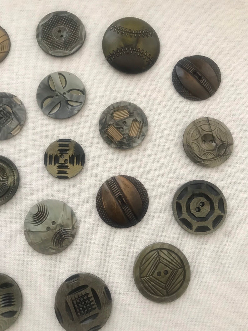 Sewing 19 Fancy Green Buttons 2 hole Funky Accent Carved Assorted Round Pine Green Large Vintage Celluloid type Destash Olive Green