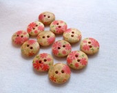 Red Wood Floral Buttons, Set of 12, destash, 2 hole, round buttons