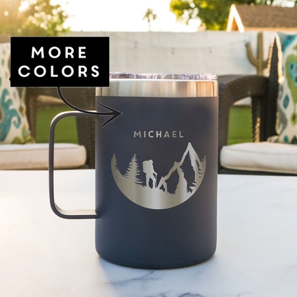 Personalized Travel Mug - Outdoorsy Gifts | Engraved Coffee Mug | Coffee Cup for Hikers | Camping and Hiking Gifts, Design: M4