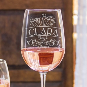 Personalized Birthday Wine Glass - Birthday Design Etched on Stemmed Wine Glasses, Birthday Gift for Her, Design: BDAY5