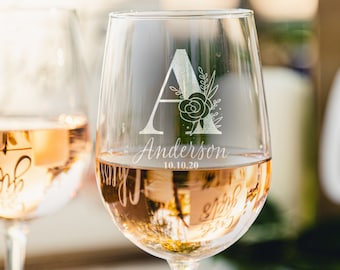 Etched Wine Glass With Initial, Personalized Last Name Glasses