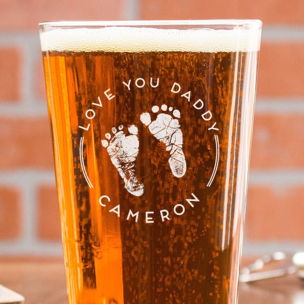 Custom Baby Footprint Drinking Glass, Personalized Etched New Parent Pint Glass, Love You Daddy New Dad Gift, Design: BB3