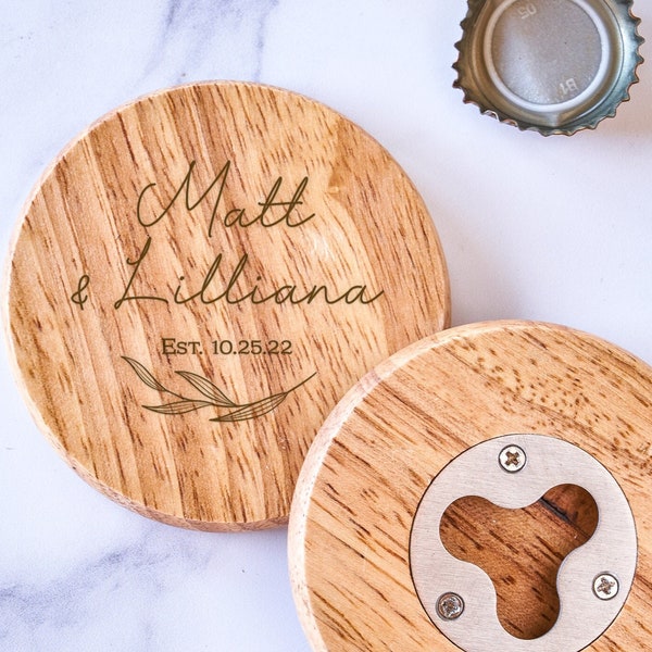 Personalized Couples Bottle Opener, Minimalist Bulk Wedding Favors for Guests, Custom Round Beer Opener, Design: N9