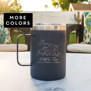 Personalized Travel Mug with Mountains - Custom Text | Mountain Themed Coffee Mug | Outdoorsy Gifts | Camping Gifts, Design: OD1